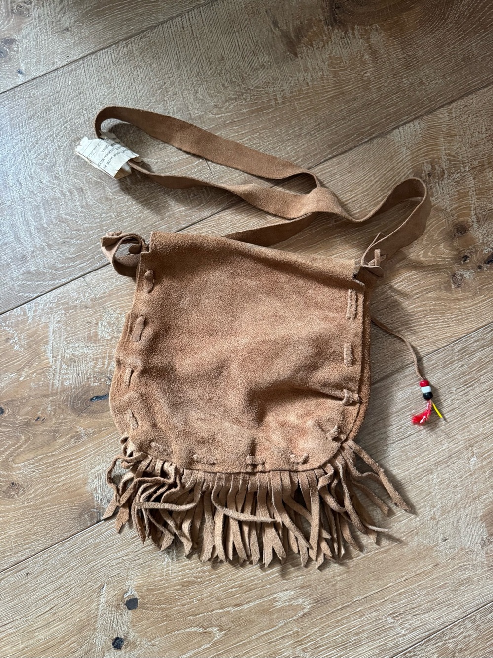 Handmade Native American Tribal Tan Suede Crossbody with Fringe - Picture 2 of 9